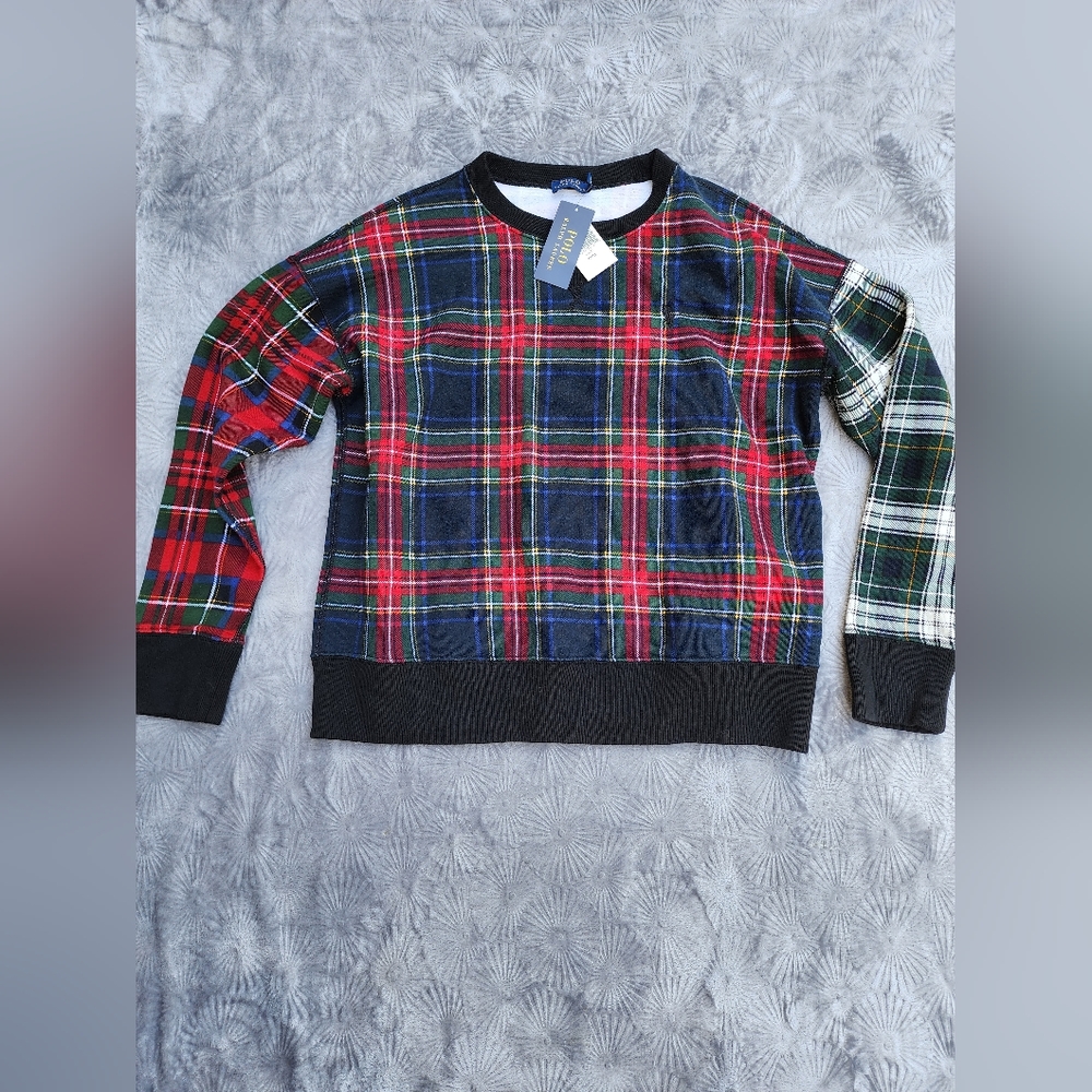 NWT Women's M Polo Ralph Lauren Red Green Tartan Plaid Fleece Sweatshirt